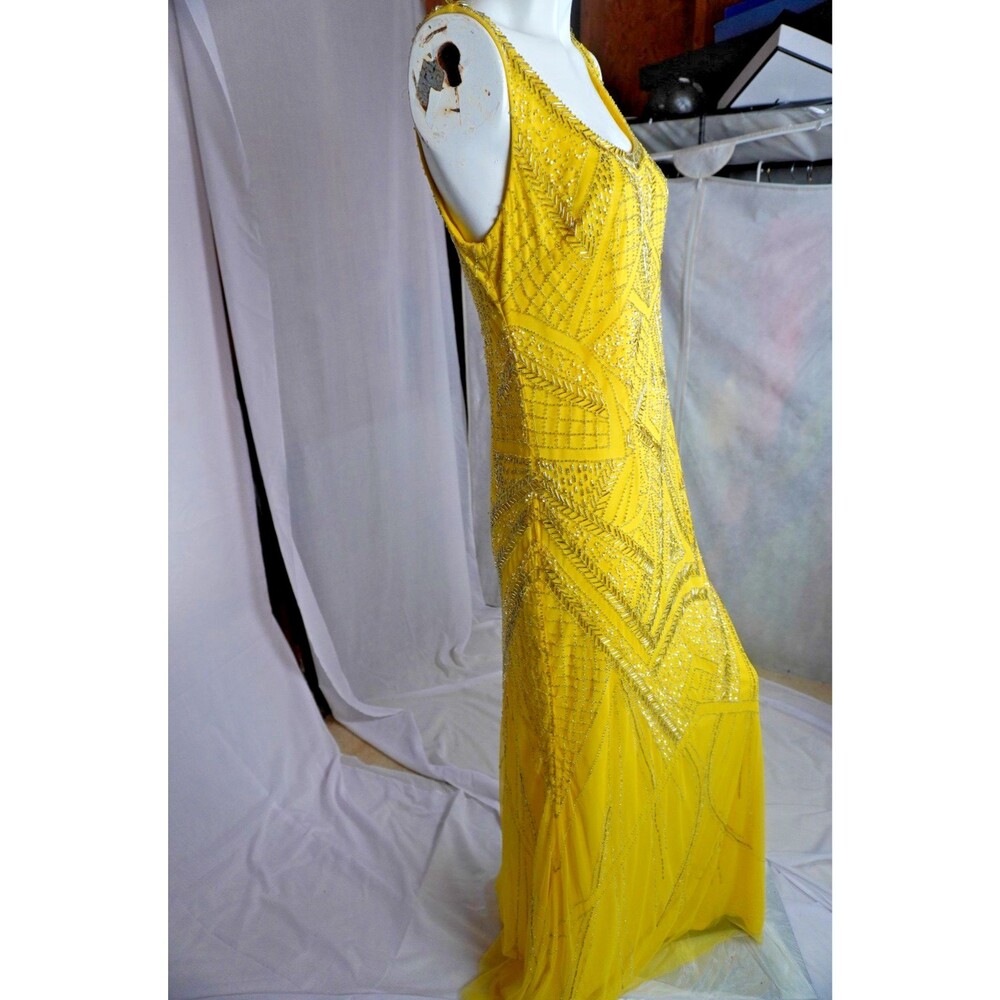 Adrianna Papell Yellow Beaded Mesh Art Deco Geometric Gala Dress Sz 12 NWT $ 298 - Picture 3 of 12
